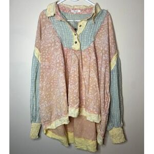 Oli & Hali Mixed Print Oversized Boho Tunic Top Peach Sage Smocked Cuffs S/M